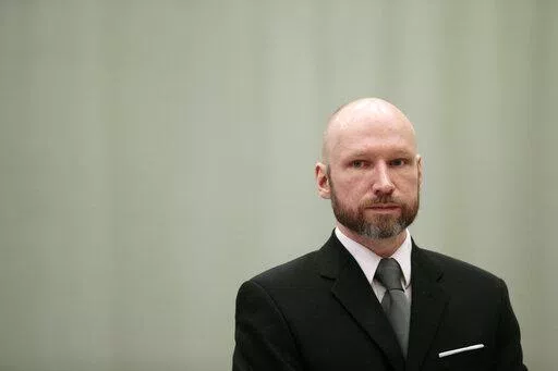 Convicted mass murderer Anders Behring Breivik looks on during the last day of his appeal case in Borgarting Court of Appeal at Telemark prison in Skien, Norway on Jan. 18, 2017. A decade after the 2011 bombing and shooting spree that left 77 dead, Breivik is seeking early release from a 21-year sentence — the maximum term in Norway. (Lise Aaserud/NTB Scanpix via AP, File)
