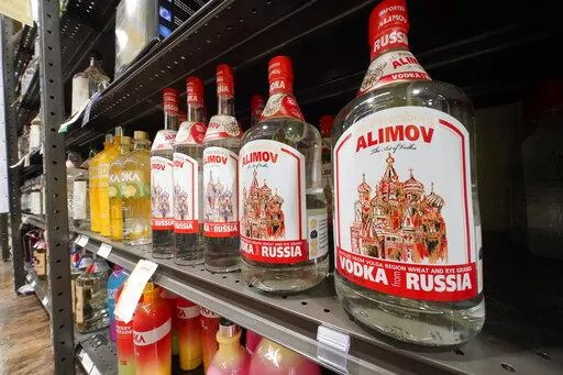 This is a display of Alimov Vodka, from Russia, in a Total Wine and More store in University Park, Fla., on Sunday, Feb. 27, 2022. The House voted overwhelmingly Thursday, March 17, to suspend normal trade relations with Russia and Belarus, preparing for President Joe Biden to enact higher tariffs on more products and further weaken the Russian economy in response to its military assault on Ukraine. The U.S. has already taken steps to shut off the importation of Russian oil, liquefied natural ga