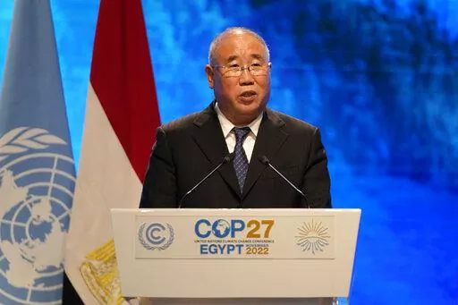Xie Zhenhua, China's special envoy for climate, speaks at the COP27 U.N. Climate Summit, Tuesday, Nov. 8, 2022, in Sharm el-Sheikh, Egypt. (AP Photo/Peter Dejong)