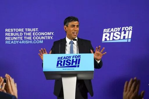 British Conservative Party Member of Parliament Rishi Sunak launches his campaign for the Conservative Party leadership, in London, July 12, 2022. Sunak, 42, will be the first Hindu and the first person of South Asian descent to lead the country, which has a long history of colonialism and has often struggled to welcome immigrants from its former colonies — and continues to grapple with racism and wealth inequality. (AP Photo/Alberto Pezzali, File)