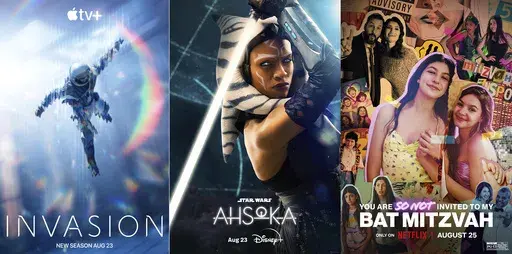 This combination of images shows promotional art for the second season of "Invasion," premiering Aug. 23 on Apple TV+, left, “Star Wars: Ahsoka," a new series premiering Aug. 23 on Disney+ and "You Are So Not Invited to My Bat Mitzvah,” a film streaming Aug. 25 on Netflix. (Apple TV+/Disney+/Netflix via AP)