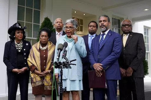 Rep. Joyce Beatty, D-Ohio, chair of the Congressional Black Caucus, speaks with members of the press after meeting with President Joe Biden at the White House, March 7, 2022, in Washington. Standing with Beatty are Rep. Frederica Wilson, D-Fla., from left, Rep. Sheila Jackson Lee, D-Texas, Rep. Hank Johnson, D-Ga., Rep. Joe Neguse, D-Colo., Rep. Steven Horsford, D-Nev., and House Majority Whip Jim Clyburn, D-S.C. With their agenda stalled in Congress and the midterm election fast approaching, De