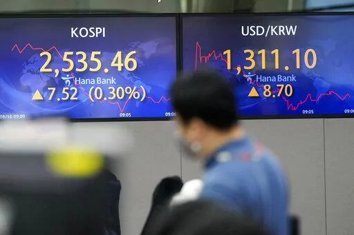 A currency trader walks by screens showing the Korea Composite Stock Price Index (KOSPI), left, and the foreign exchange rate between U.S. dollar and South Korean won at a foreign exchange dealing room in Seoul, South Korea, Tuesday, Aug. 16, 2022. Asian shares mostly rose Tuesday after a rebound on Wall Street, despite regional investor risks reflected in negative economic data out of China. The benchmark in Tokyo was little changed, erasing earlier gains, but indexes in South Korea, Australia 
