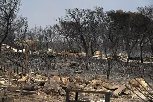 Burnt trees and a car after yesterday's fire in Mandra, west of Athens, on Wednesday, July 19, 2023. Europe is the fastest-warming continent and its temperatures are rising at roughly twice the global average, two top climate monitoring organizations reported Monday, April 22, 2024, warning of the consequences for human health, glacier melt and economic activity. (AP Photo/Thanassis Stavrakis, File)
