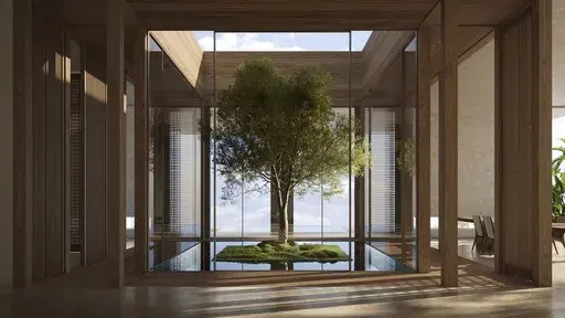 This rendering created by DN8 and provided by ODA Architecture shows a living tree situated in an infinity pool inside a private residence designed by ODA in New Delhi. (ODA Architecture via AP)