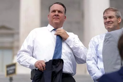 Rep. Alexander Mooney, R-W.Va., left, and Rep. Jim Jordan, R-Ohio, right, appear at a news conference on the steps of the Capitol in Washington, July 29, 2021. The May 10 primary contest in West Virginia's 2nd Congressional District between Republican colleagues Rep. Alex Mooney and Rep. David McKinley is a test of former Donald Trump’s clout in the state. McKinley voted to pass the infrastructure bill and was condemned by both Trump and Mooney for doing so. (AP Photo/Andrew Harnik, File)