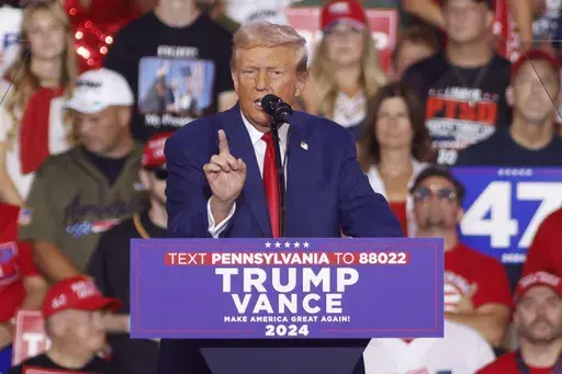 Republican presidential nominee former President Donald Trump speaks at a campaign rally at the Mohegan Sun Arena at Casey Plaza in Wilkes-Barre, Pa., Saturday, Aug. 17, 2024. (AP Photo/Laurence Kesterson)
