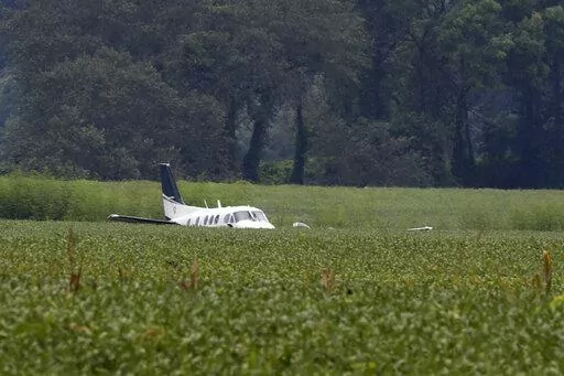A stolen airplane rests in a field of soybeans after crash-landing near Ripley, Miss., on Sept. 3, 2022. Cory Wayne Patterson, 29, an airport worker who flew a stolen plane erratically over north Mississippi and threatened to crash into a Walmart in September, has died Monday, Nov. 14, 2022, in a federal prison in Miami, where he was being held while awaiting trial. (AP Photo/Nikki Boertman, File)