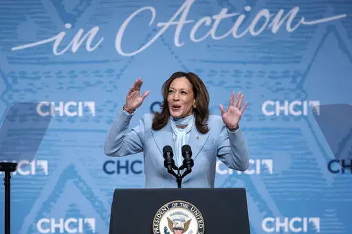 Democratic presidential nominee Vice President Kamala Harris waves to the crowd as she arrives at the Congressional Hispanic Caucus Institute (CHCI) Leadership Conference, Sept. 18, 2024. (AP Photo/Jose Luis Magana, File)