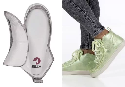 This combination of photos show adaptive shoes by Billy Footwear. More companies are offering adaptive wear and accessories. (Billy Footwear via AP).