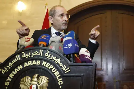 Jordan Foreign Minister Ayman Safadi speaks during a press conference in Damascus, Syria, Monday, July 3, 2023. Jordan's Foreign Minister Ayman Safadi says his country wants a meeting of Mediterranean officials this week to help bridge a gap between Arab and European countries in calling for a humanitarian pause in Gaza to become a permanent cease-fire. (AP Photo/Omar Sanadiki, File)
