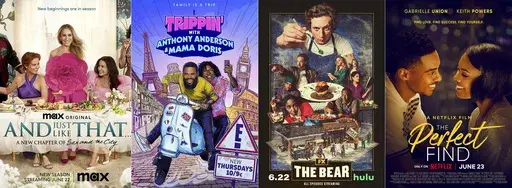 This combination of images shows promotional art for "And Just Like That," premiering its second season on June 22, from left, “Trippin’ with Anthony Anderson and Mama Doris,” a series premiering June 22 on E!, "The Bear," a series premiering June 22 on FX and "Perfect Find," a film premiering June 23 on Netflix. (Max/E!/FX/Netflix via AP)