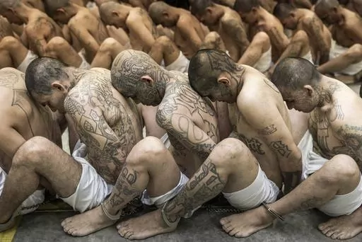 In this photo provided by El Salvador's presidential press office, inmates identified by authorities as gang members are seated on the prison floor of the Terrorism Confinement Center in Tecoluca, El Salvador, Wednesday, March 15, 2023. (El Salvador presidential press office via AP)