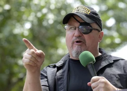 Stewart Rhodes, founder of the citizen militia group known as the Oath Keepers, speaks during a rally outside the White House in Washington, on June 25, 2017. The Justice Department is seeking 25 years in prison for Rhodes, the Oath Keepers founder convicted of seditious conspiracy for what prosecutors described as a violent plot to keep President Joe Biden out of the White House, according to court papers filed Friday, May 5, 2023. (AP Photo/Susan Walsh, File)