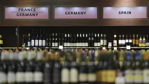 Shown is a display of French Germany and Spanish wines at a Pennsylvania Fine Wine & Good Spirits in Flourtown, Pa., Thursday, March 13, 2025. (AP Photo/Matt Rourke)
