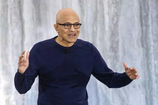 Microsoft CEO Satya Nadella speaks during the introduction of the integration of Microsoft Bing search engine and Edge browser with OpenAI on Tuesday, Feb. 7, 2023, in Redmond, Wash. Microsoft is fusing ChatGPT-like technology into its search engine Bing, transforming an internet service that now trails far behind Google into a new way of communicating with artificial intelligence.(AP Photo/Stephen Brashear)