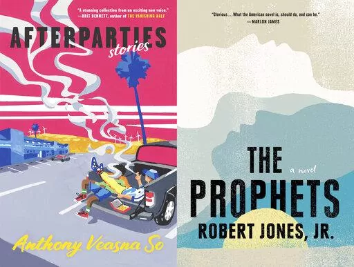 This combination of book cover images shows "Afterparties" by Anthony Veasna So, left, and "The Prophets," a novel by Robert Jones Jr. The books are among the winners of the 34th annual Triangle Awards, given for outstanding LGBTQ literature. (Ecco via AP, left, and Putnam via AP)