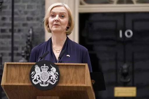 Britain's Prime Minister Liz Truss addresses the media in Downing Street in London, Thursday, Oct. 20, 2022. Truss says she resigns as leader of UK Conservative Party. (AP Photo/Alberto Pezzali)