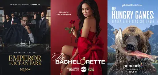 This combination of photos shows promotional art for the series "Emperor of Ocean Park," left, the reality romance series "The Bachelorette," center, and "The Hungry Games: Alaska’s Big Bear Challenge." (MGM+/ABC/Peacock via AP)