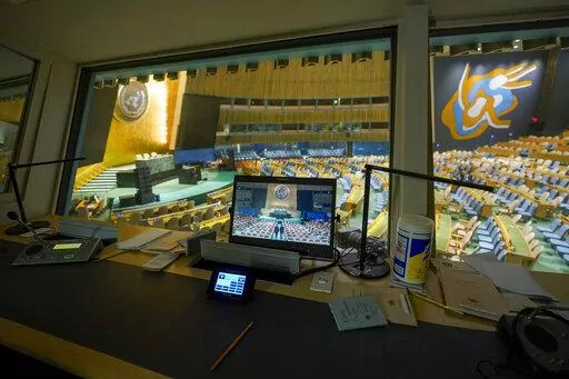 A translators booth overlooks the empty General Assembly hall at United Nations headquarters ahead of the General Assembly, Friday, Sept. 16, 2022. (AP Photo/Mary Altaffer)