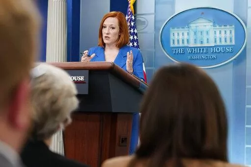 White House press secretary Jen Psaki speaks during a press briefing at the White House, Friday, March 18, 2022, in Washington. (AP Photo/Patrick Semansky)