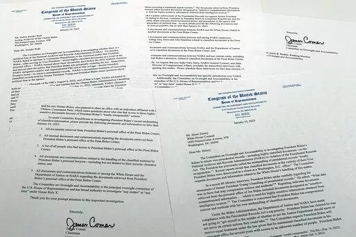 The letters from House Oversight Committee chairman Rep. James Comer, R-Ky., to Debra Steidel Wall, archivist of the United States, and White House Counsel Stuart Delery are photographed Tuesday, Jan. 10, 2023. (AP Photo/Jon Elswick)