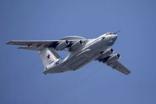 A Russian Beriev A-50 airborne early warning and control plain flies over Red Square during a rehearsal for the Victory Day military parade in Moscow, Russia, on May 7, 2019. Ukraine’s military chief is claiming that the Ukrainian air force has shot down a Russian Beriev A-50 early warning and control plane and an IL-22 command center aircraft. (AP Photo/Alexander Zemlianichenko, Pool, File)