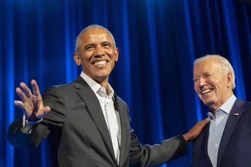 President Joe Biden, right, and former presidents Barack Obama, left, and Bill Clinton participate in a fundraising event with Stephen Colbert at Radio City Music Hall, Thursday, March 28, 2024, in New York. (AP Photo/Alex Brandon)