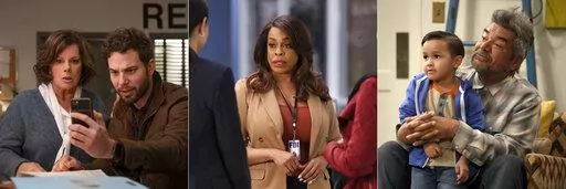 This combination of photos shows Marcia Gay Harden, left, and Skylar Astin in a scene from the new CBS series "So Help Me Todd," from left, Niecy Nash-Betts who will star in the new ABC spinoff series "The Rookie: Feds," and Brice Gonzalez with George Lopez in the new NBC series "Lopez VS Lopez." (CBS/ABC/NBC via AP)