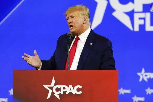 Former President Donald Trump speaks at the Conservative Political Action Conference (CPAC) Saturday, Feb. 26, 2022, in Orlando, Fla. (AP Photo/John Raoux)