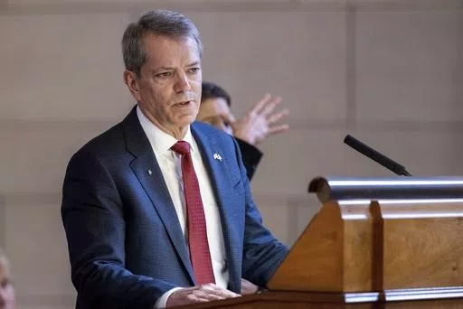 Nebraska Gov. Jim Pillen delivers his State of the State address, Jan. 25, 2023, at the the state Capitol in Lincoln, Neb. Nebraska Gov. Jim Pillen threatened from the beginning of this year's legislative session that he would call lawmakers back for a special session if they failed to pass a bill to significantly ease soaring property taxes, Thursday, April 18, 2024. (Anna Reed/Omaha World-Herald via AP, File)