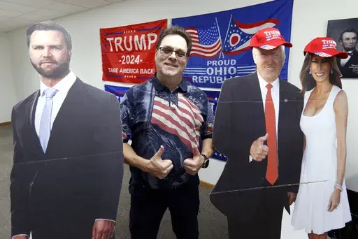 CORRECTS SPELLING OF DEEKEN - Doug Deeken, the chair of the Wayne County Republican Party in Ohio poses at the Wayne County Republican Party headquarters in Wooster, Ohio, Oct. 8, 2024. (AP Photo/Tom E. Puskar)