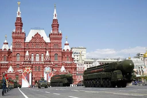 Russian ICBM missile launchers move during the Victory Day military parade marking 71 years after the victory in WWII in Red Square in Moscow, Russia, May 9, 2016. Russian President Vladimir Putin’s implied threat to turn the Ukraine crisis into a nuclear war presents President Joe Biden and U.S. allies with choices rarely contemplated in the atomic age. One choice is whether to raise the alert level of U.S. nuclear forces in response. Putin put Russian nuclear forces in what he called a “sp