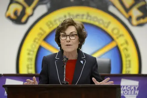 Sen. Jacky Rosen, D-Nev., gives a victory speech at the Teamsters Local 631 meeting hall Saturday, Nov. 9, 2024, in Las Vegas. (Steve Marcus/Las Vegas Sun via AP)