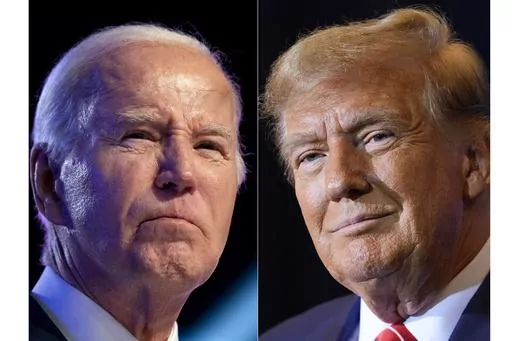 This combo image shows President Joe Biden, left, Jan. 5, 2024, and Republican presidential candidate former President Donald Trump, right, Jan. 19, 2024. Biden and Trump have officially secured the requisite numbers of delegates to be considered their parties’ presumptive nominees. The designation allows the candidates to coordinate directly with the national Democratic and Republican parties, although they aren't considered official nominees until the summer conventions. (AP Photo, File)