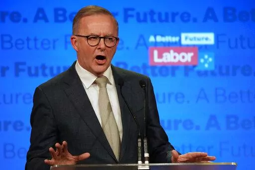 Labor Party leader Anthony Albanese speaks to supporters at a Labor Party event in Sydney, Australia, Sunday, May 22, 2022, after Prime Minister Scott Morrison conceding defeat to Albanese in a federal election. (AP Photo/Rick Rycroft)