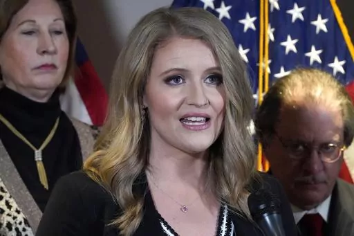 Jenna Ellis, a former member of then-President Donald Trump's legal team, speaks during a news conference at the Republican National Committee headquarters, Nov. 19, 2020, in Washington. Ellis has been formally censured by a judge after admitting she made repeated misstatements about the 2020 presidential election. Jenna Ellis acknowledged making 10 separate false statements on television and Twitter about the election. (AP Photo/Jacquelyn Martin, File)