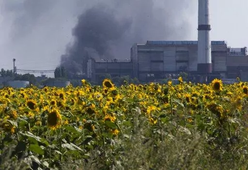 Smoke from an oil refinery rises over a field of sunflowers near the city of Lisichansk, Luhansk region, eastern Ukraine on July 26, 2014. Prices for food commodities like grains and vegetable oils reached their highest levels ever last month because of Russia's war in Ukraine and the “massive supply disruptions” it is causing, the United Nations said Friday, April 8, 2022. (AP Photo/Dmitry Lovetsky)